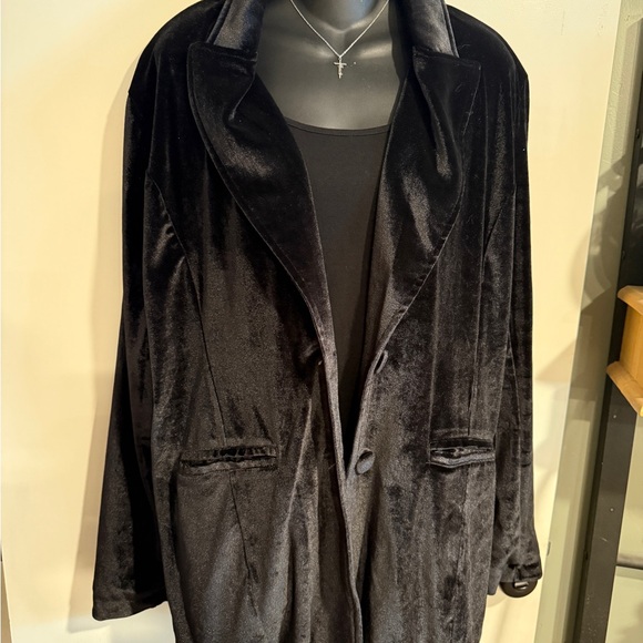 Blakeley Long Stretchy Black Velvet Coat with Faux Pockets 1X - Picture 1 of 7
